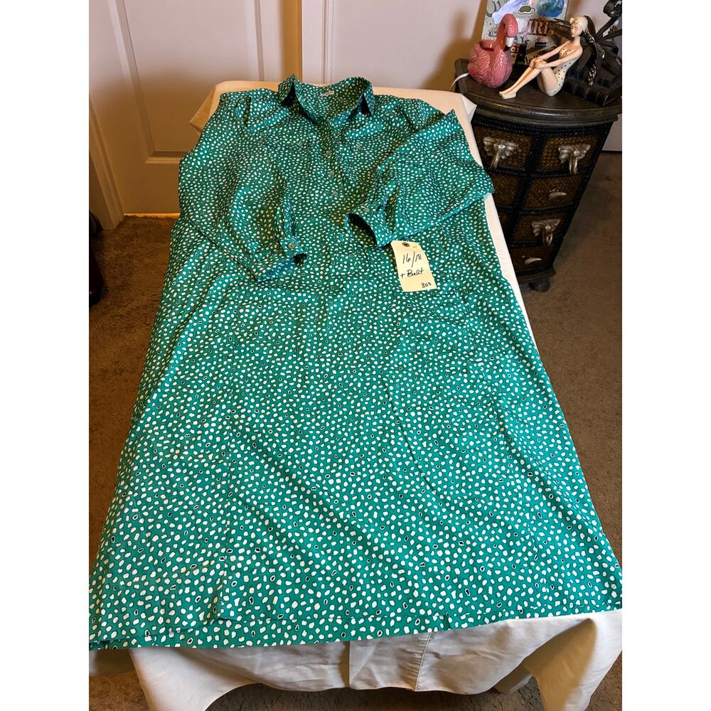 Vintage 80s Green Polka Dot Shirt Dress Long Sleeve Midi Plus Size 16 18